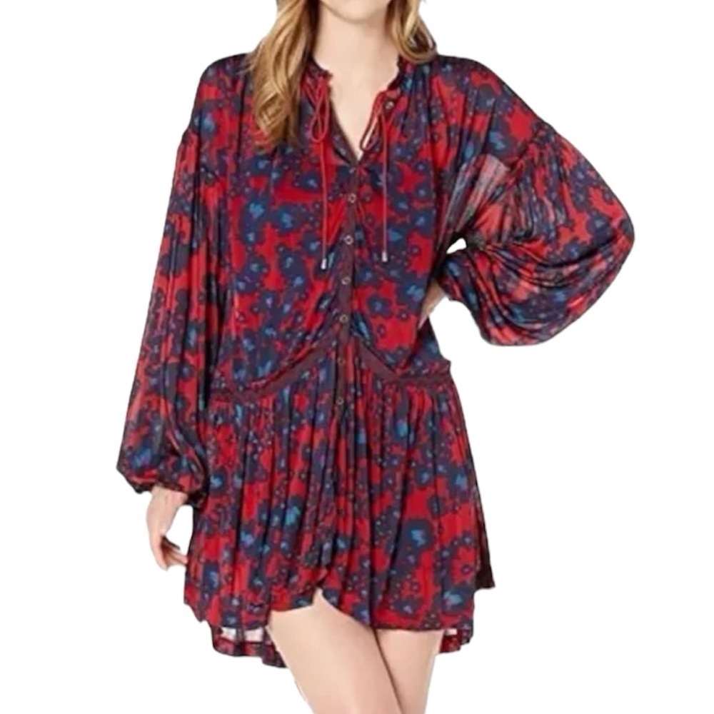 Free People Red and Blue Ruffled Tie Front Sundress